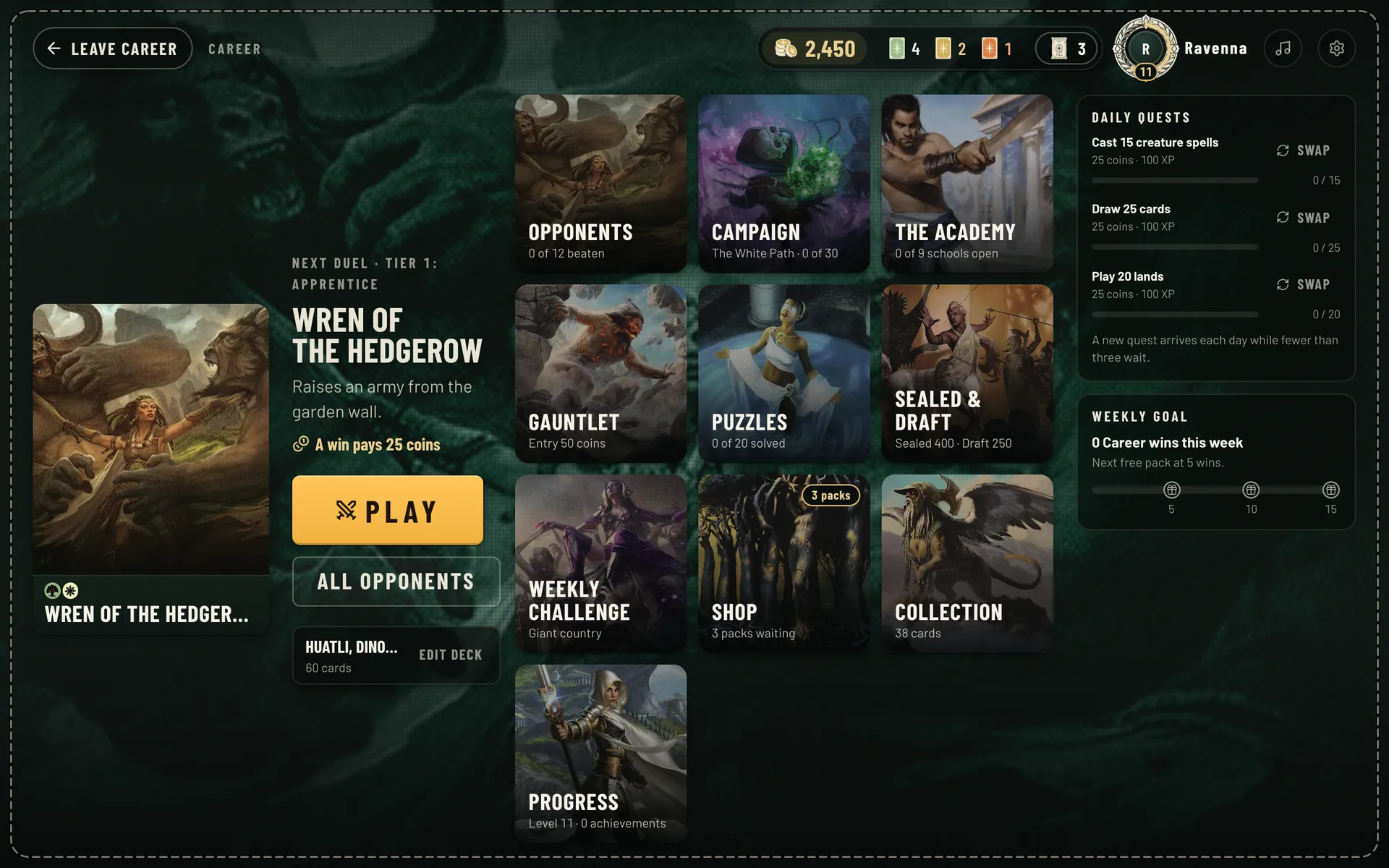 The Career hub: the next opponent on the left, tiles for Opponents, Campaign, Academy, Gauntlet, Puzzles, Sealed and Draft, Weekly Challenge, Shop, Collection and Progress, and daily quests on the right.