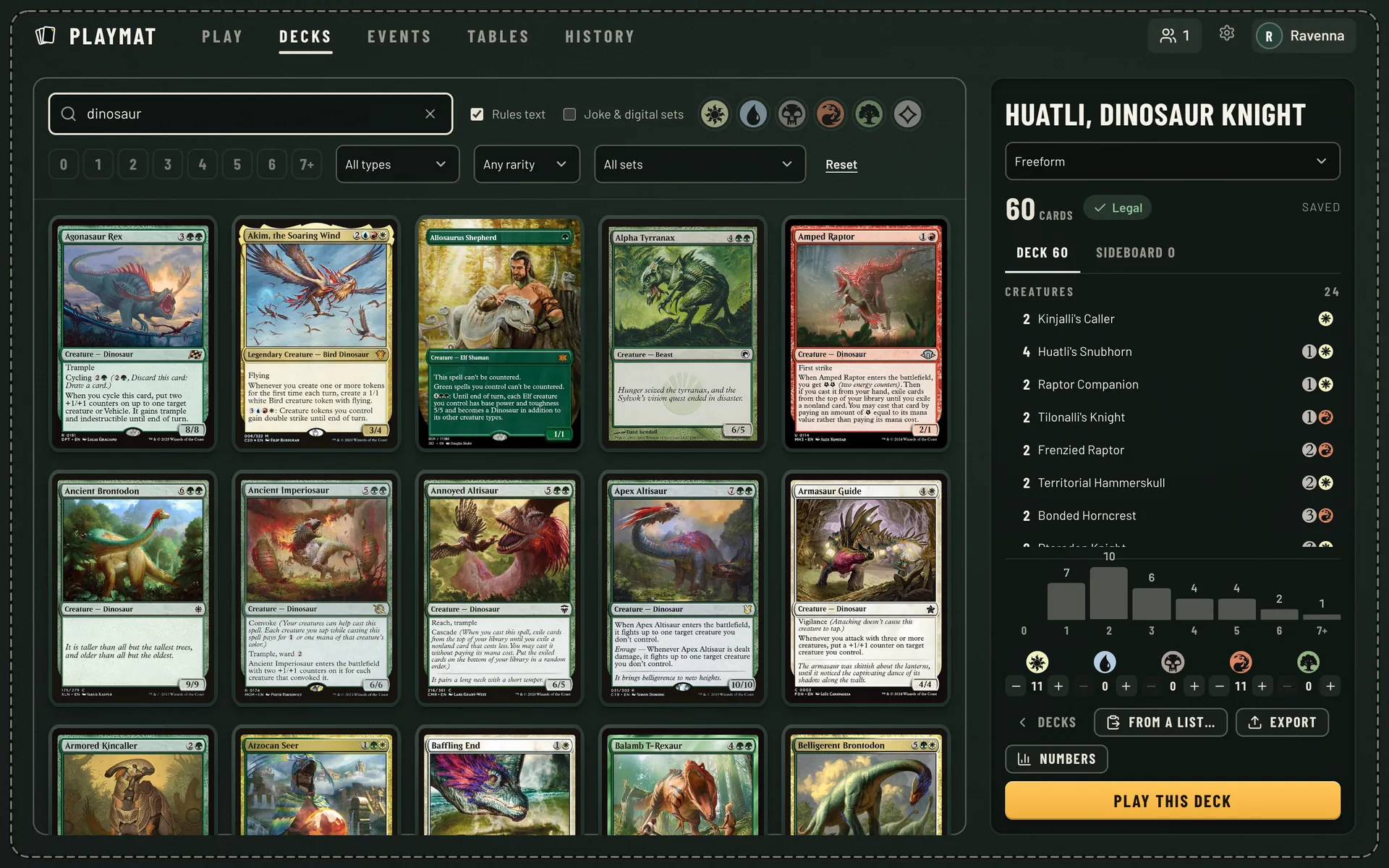 The deck builder: a grid of dinosaur cards from a rules-text search on the left, the deck list with its mana curve on the right.