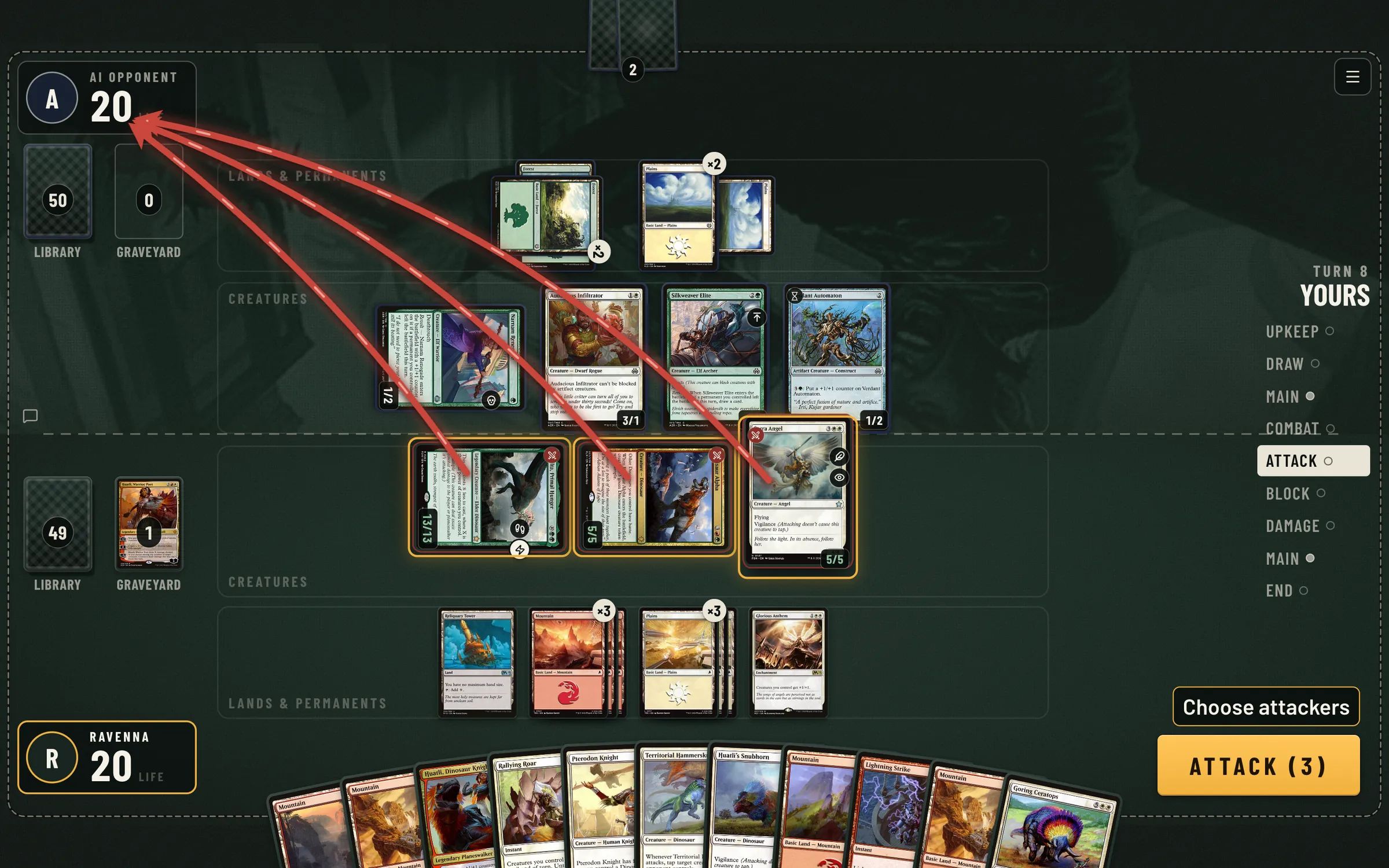 A game against the AI: three creatures attack, red arrows run from each to the opponent's life total, and an amber Attack (3) button waits bottom right.
