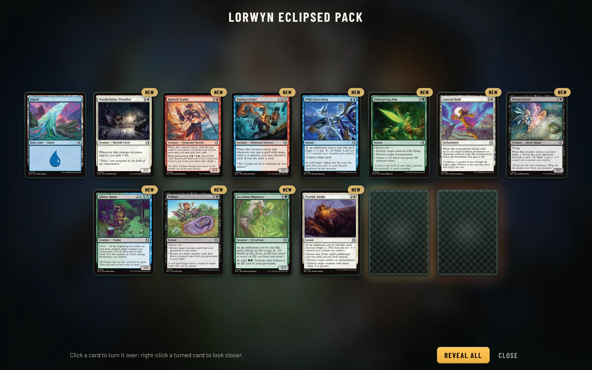 A Lorwyn Eclipsed booster pack half revealed: twelve cards face up, two still face down, one of them glowing.