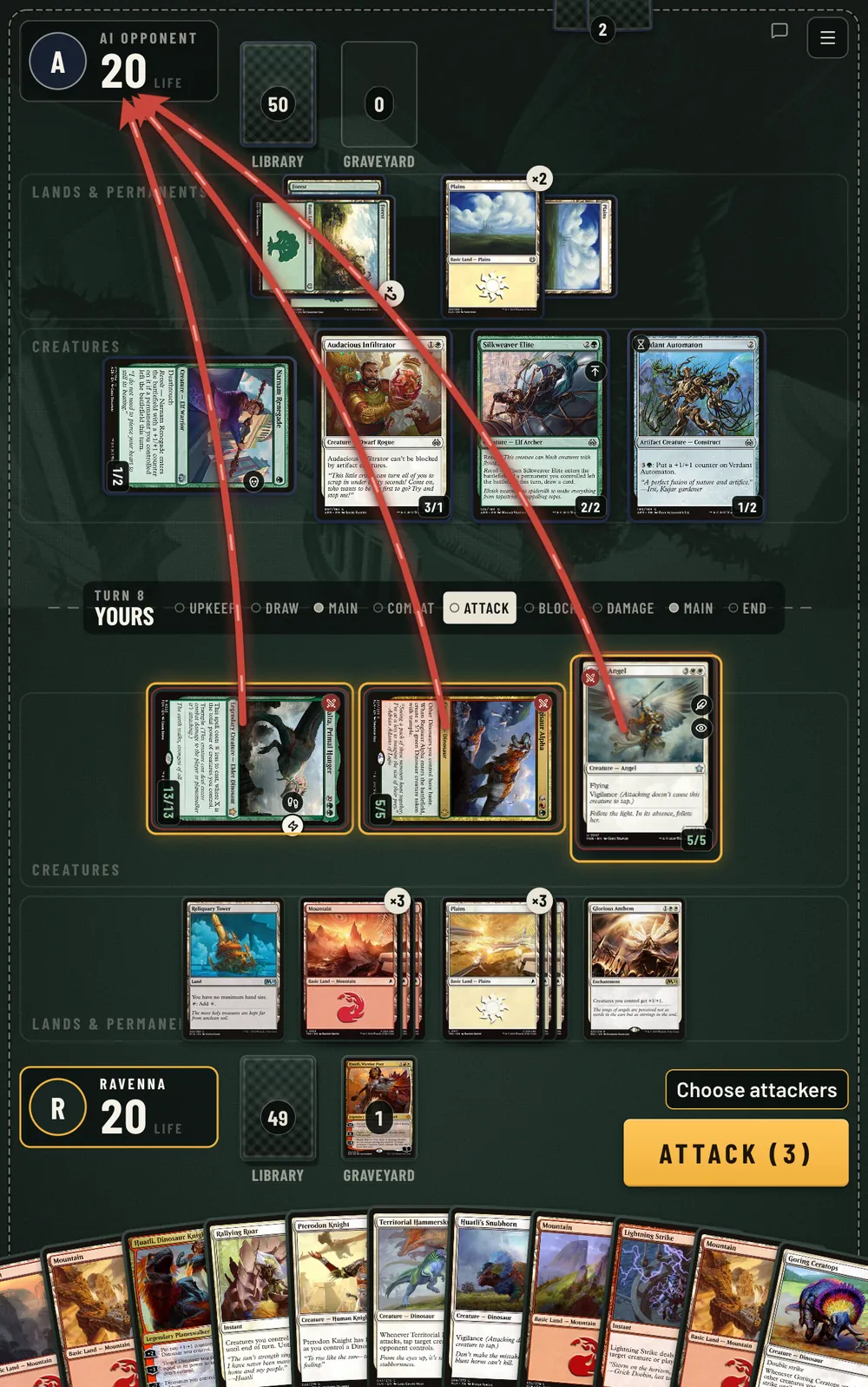 The same game on a tablet in portrait: the board stacks vertically with the turn tracker across the middle.
